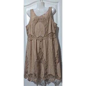 Anthropologie Nude Tan Lace Mini Dress Size L 100% Cotton Romantic Feminine $168